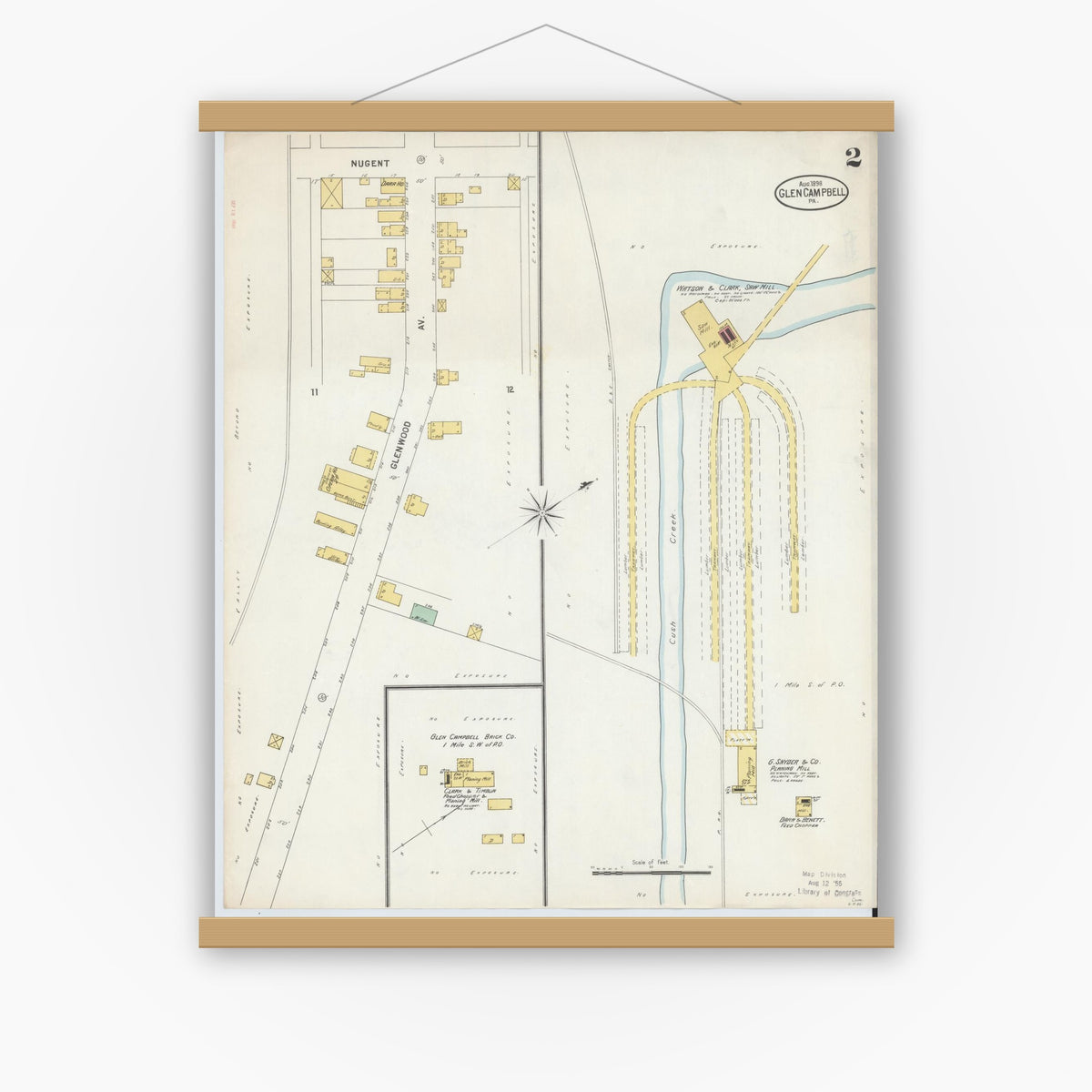 Old map wall art mockup — magnetic wood frame on white wall — Sanborn Fire Insurance Map from Glen Campbell, Indiana County, Pennsylvania (1898), Sheet #0002