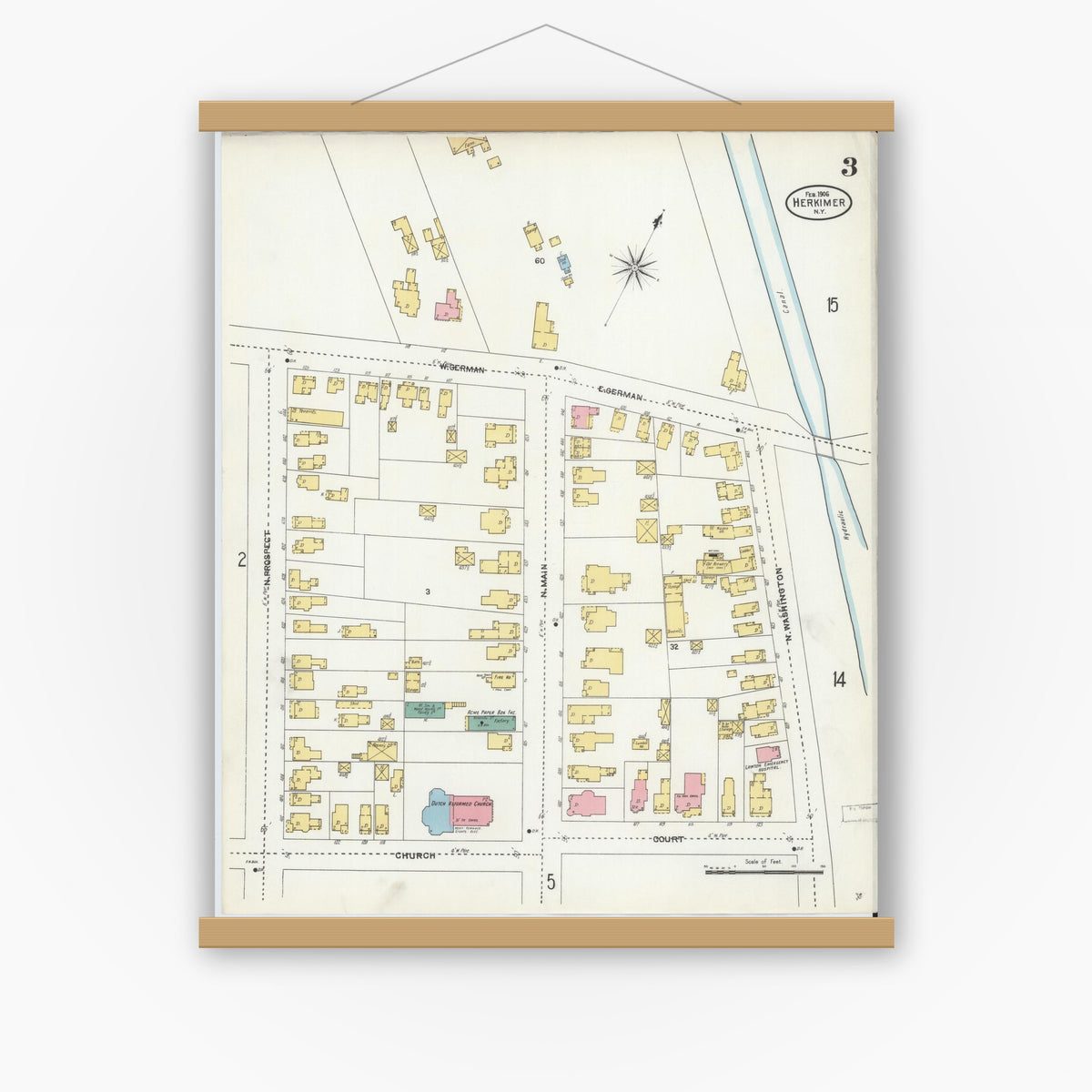 Old map wall art mockup — magnetic wood frame on white wall — Sanborn Fire Insurance Map from Herkimer, Herkimer County, New York (1906), Sheet #0003