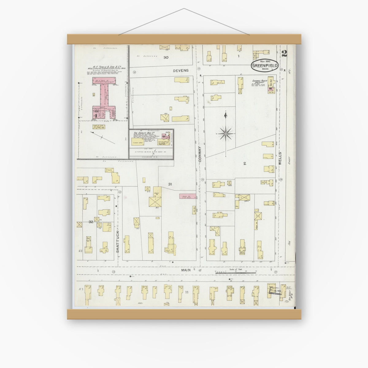 Old map wall art mockup — magnetic wood frame on white wall — Sanborn Fire Insurance Map from Greenfield, Franklin County, Massachusetts (1892), Sheet #0002