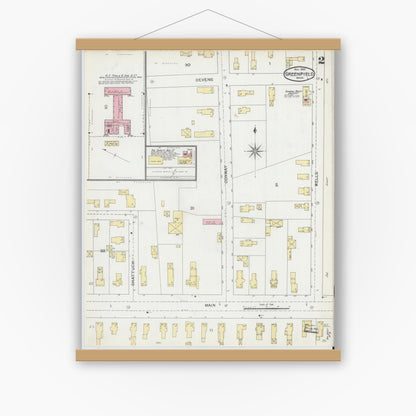 Old map wall art mockup — magnetic wood frame on white wall — Sanborn Fire Insurance Map from Greenfield, Franklin County, Massachusetts (1892), Sheet #0002