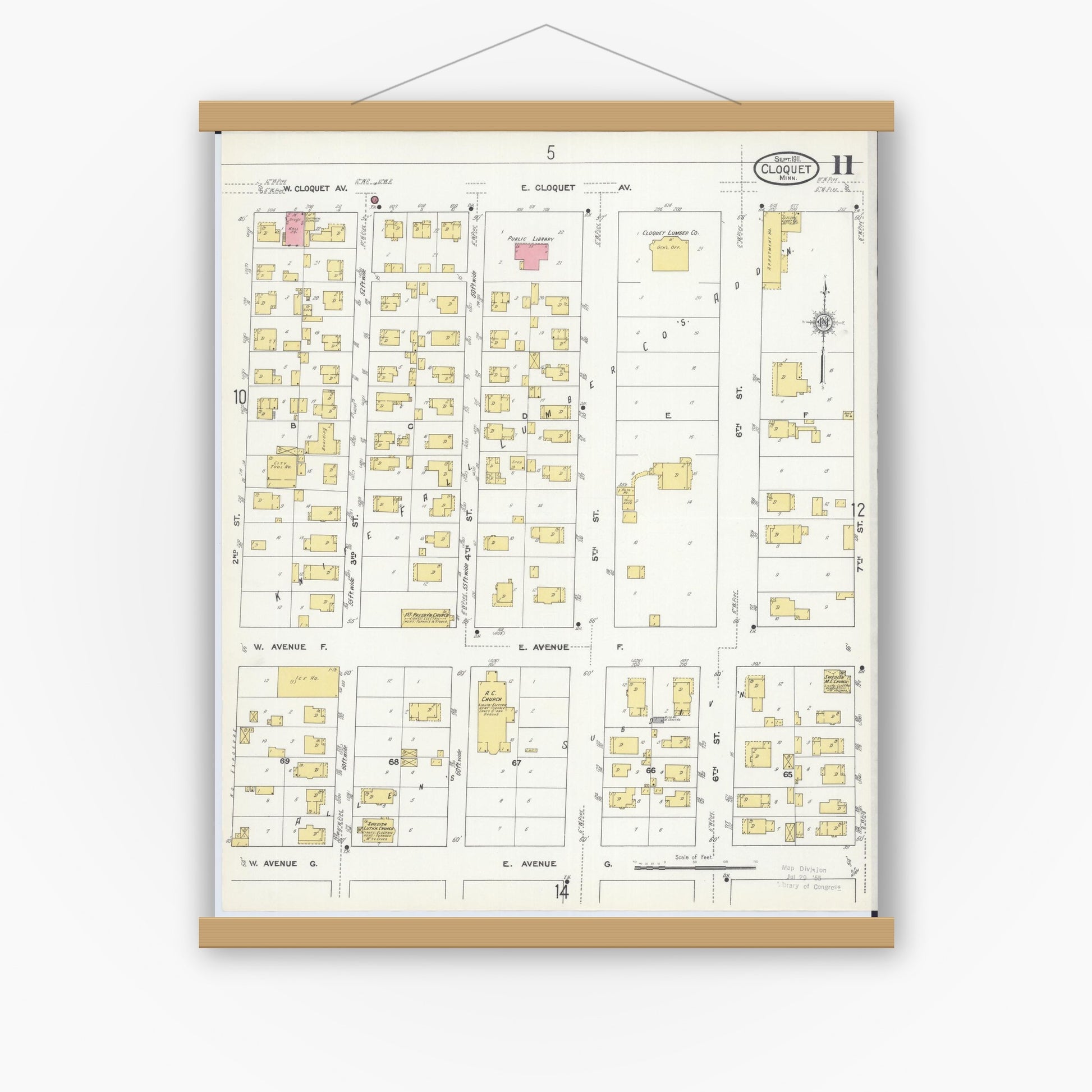 Old map wall art mockup — magnetic wood frame on white wall — Sanborn Fire Insurance Map from Cloquet, Carlton County, Minnesota (1911), Sheet #0011