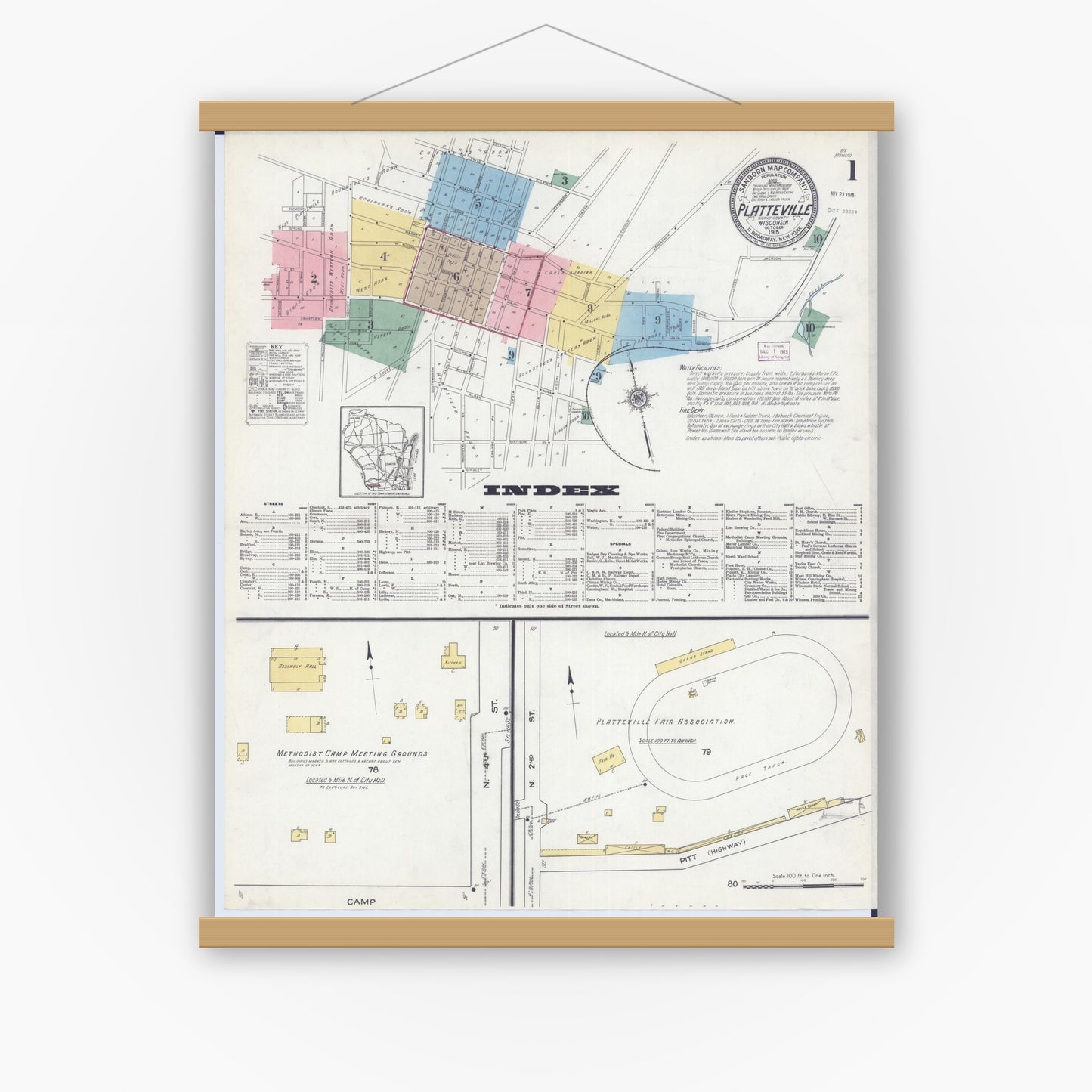 Old map wall art mockup — magnetic wood frame on white wall — Sanborn Fire Insurance Map from Platteville, Grant County, Wisconsin (1915), Sheet #0001