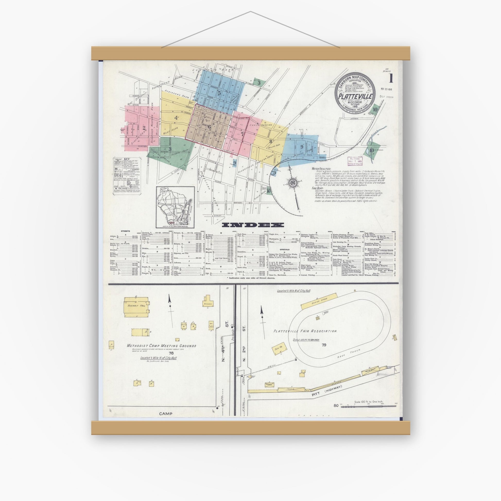 Old map wall art mockup — magnetic wood frame on white wall — Sanborn Fire Insurance Map from Platteville, Grant County, Wisconsin (1915), Sheet #0001