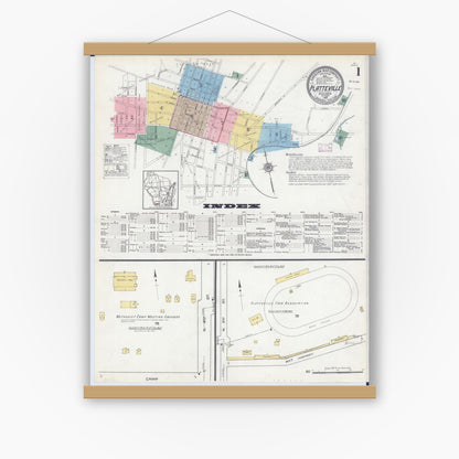 Old map wall art mockup — magnetic wood frame on white wall — Sanborn Fire Insurance Map from Platteville, Grant County, Wisconsin (1915), Sheet #0001