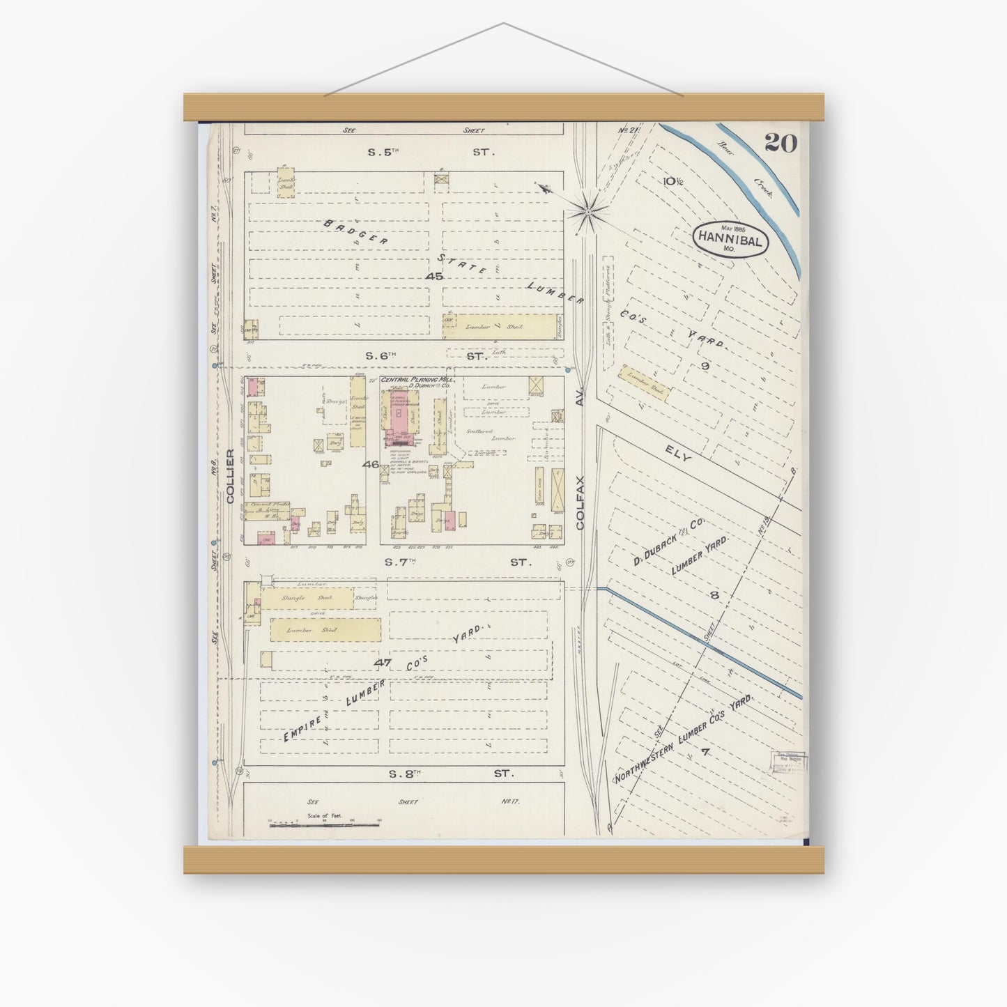 Old map wall art mockup — magnetic wood frame on white wall — Sanborn Fire Insurance Map from Hannibal, Marion County, Missouri (1885), Sheet #0020