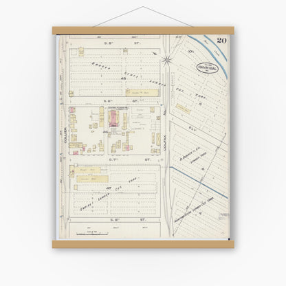 Old map wall art mockup — magnetic wood frame on white wall — Sanborn Fire Insurance Map from Hannibal, Marion County, Missouri (1885), Sheet #0020