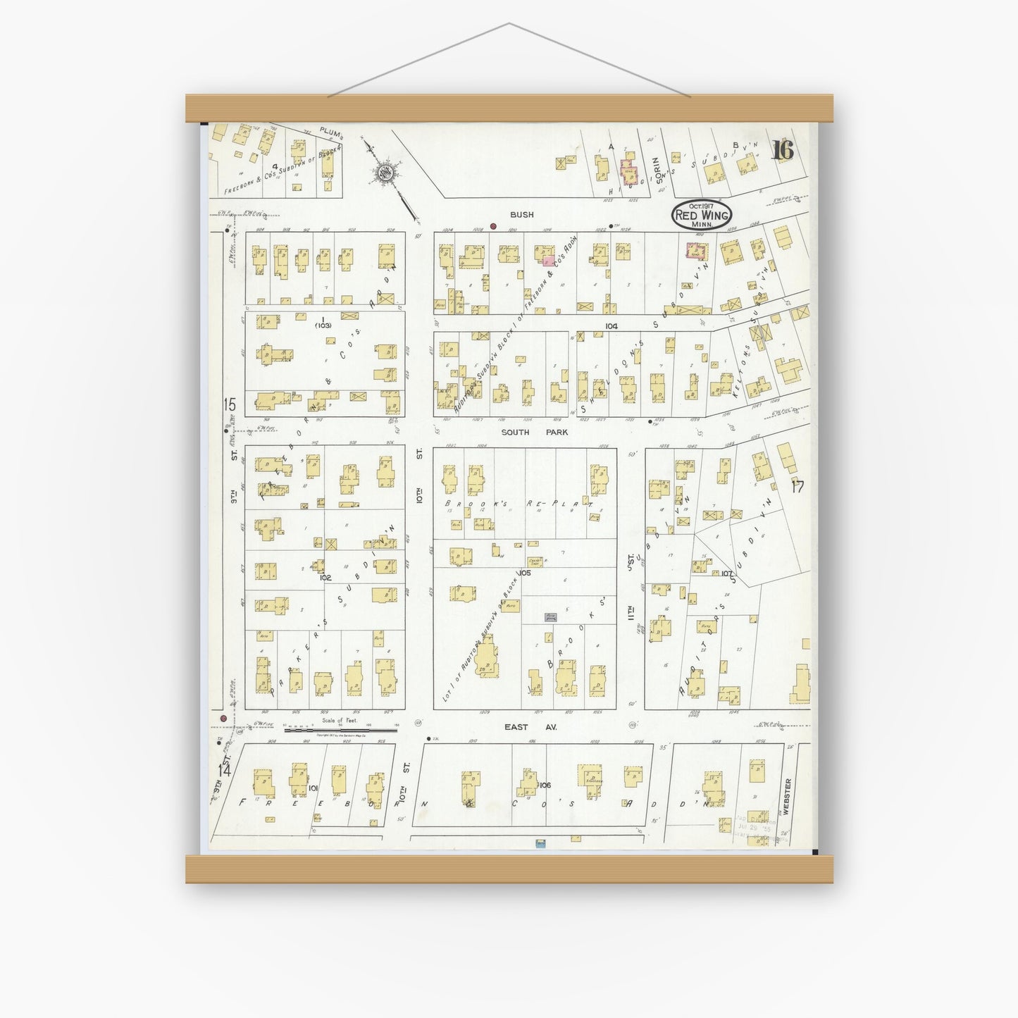 Old map wall art mockup — magnetic wood frame on white wall — Sanborn Fire Insurance Map from Red Wing, Goodhue County, Minnesota (1917), Sheet #0016