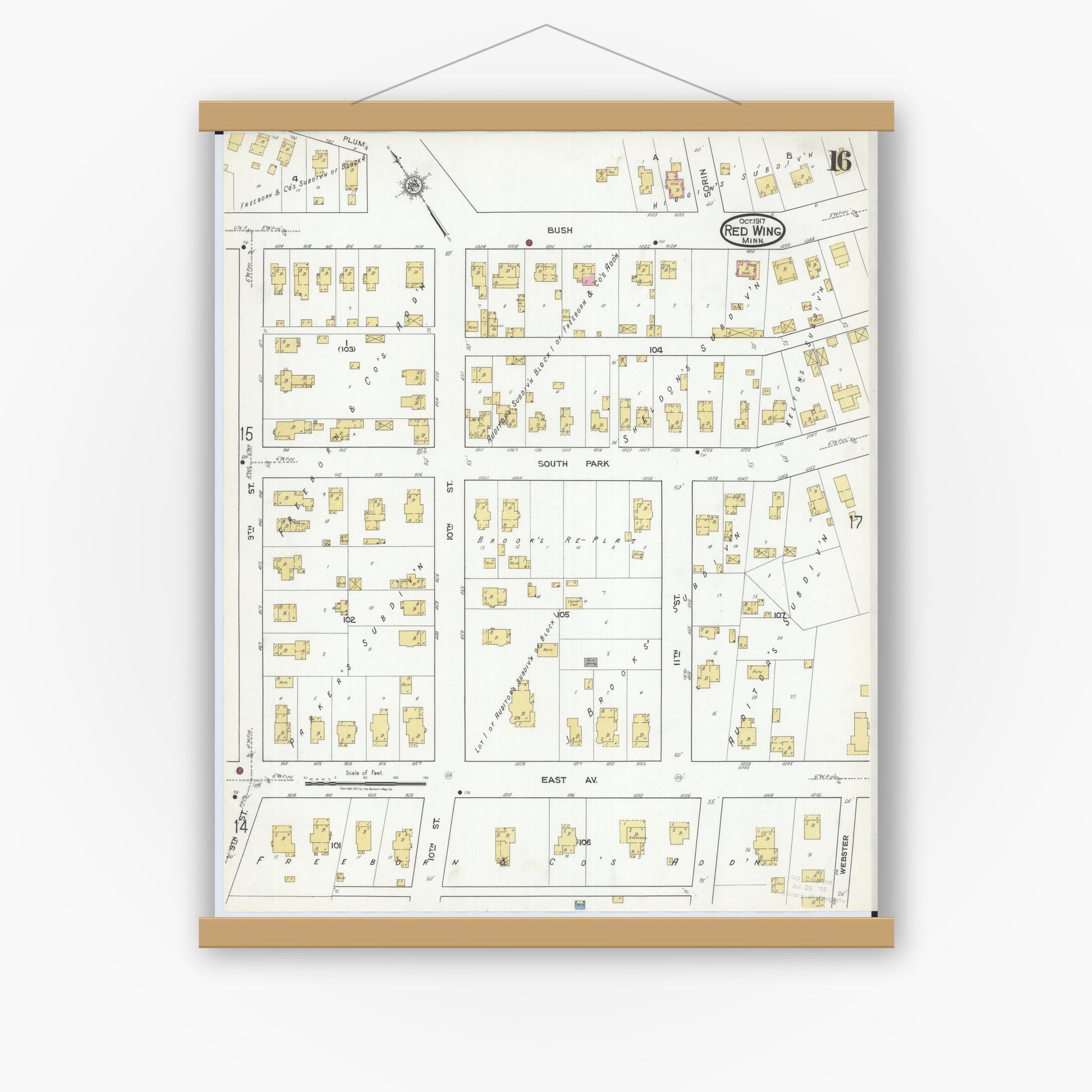 Old map wall art mockup — magnetic wood frame on white wall — Sanborn Fire Insurance Map from Red Wing, Goodhue County, Minnesota (1917), Sheet #0016