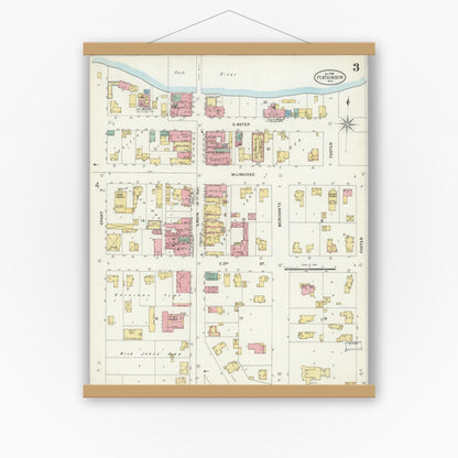 Old map wall art mockup — magnetic wood frame on white wall — Sanborn Fire Insurance Map from Fort Atkinson, Jefferson County, Wisconsin (1898), Sheet #0003