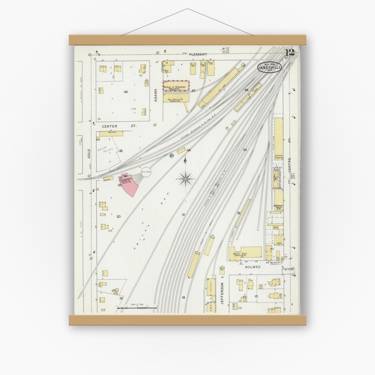 Old map wall art mockup — magnetic wood frame on white wall — Sanborn Fire Insurance Map from Janesville, Rock County, Wisconsin (1895), Sheet #0012