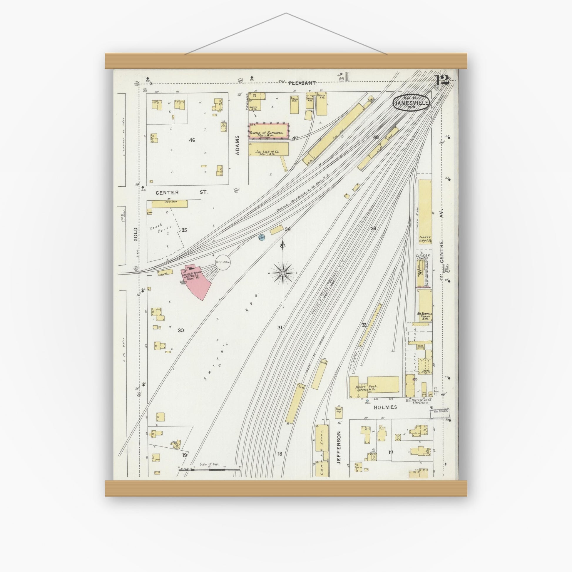 Old map wall art mockup — magnetic wood frame on white wall — Sanborn Fire Insurance Map from Janesville, Rock County, Wisconsin (1895), Sheet #0012