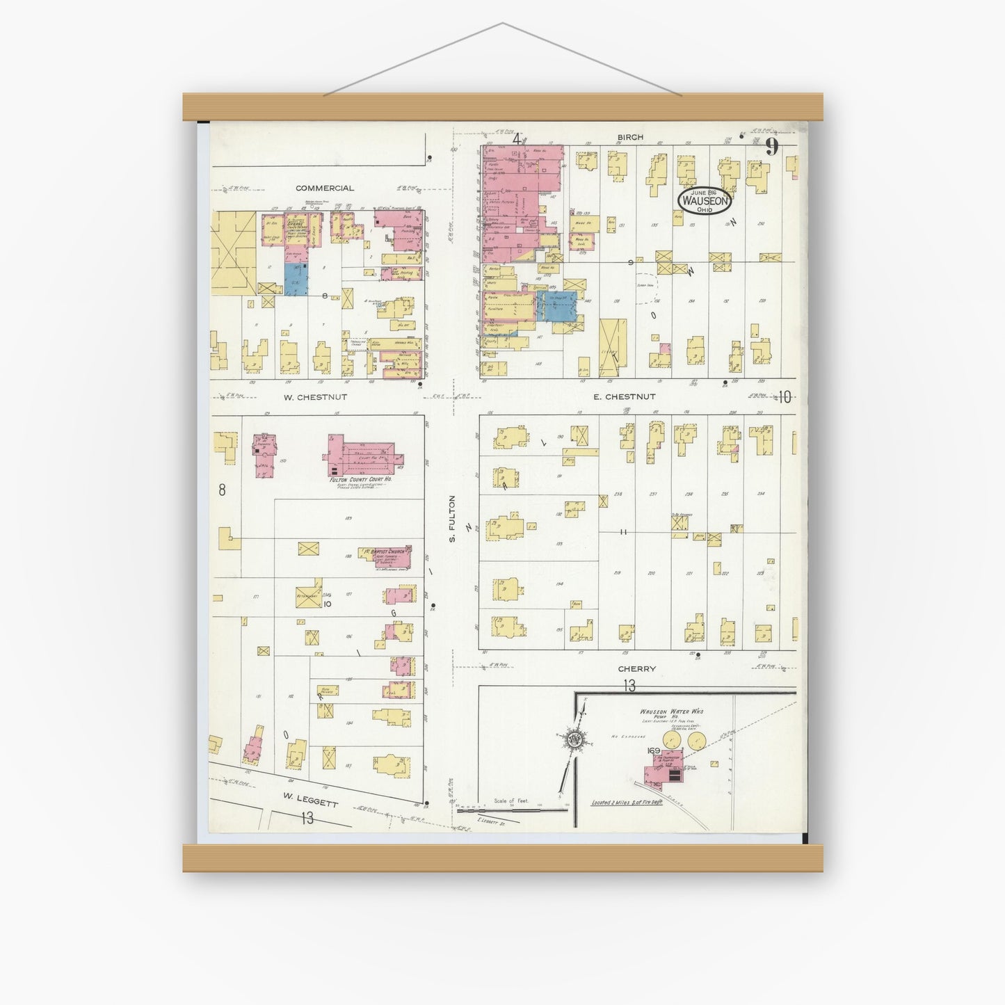 Old map wall art mockup — magnetic wood frame on white wall — Sanborn Fire Insurance Map from Wauseon, Fulton County, Ohio (1916), Sheet #0009