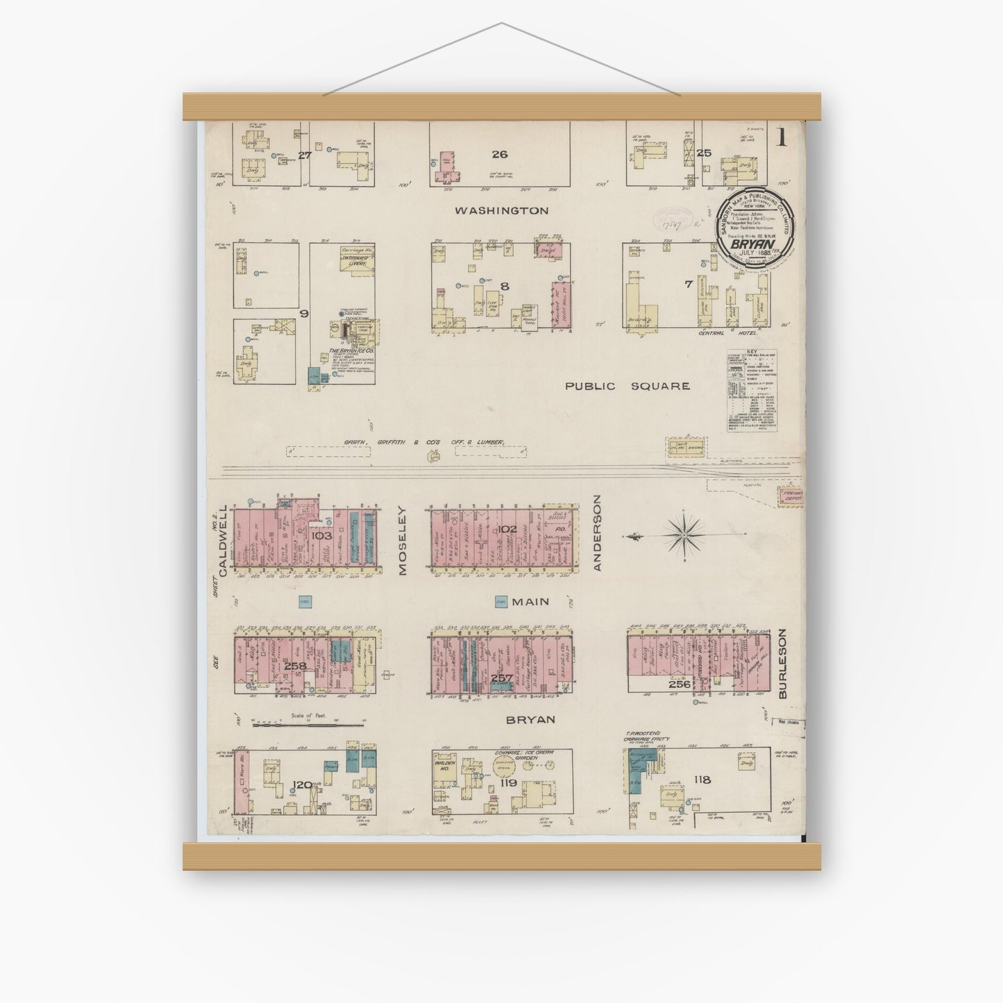 Old map wall art mockup — magnetic wood frame on white wall — Sanborn Fire Insurance Map from Bryan, Brazos County, Texas (1885), Sheet #0001