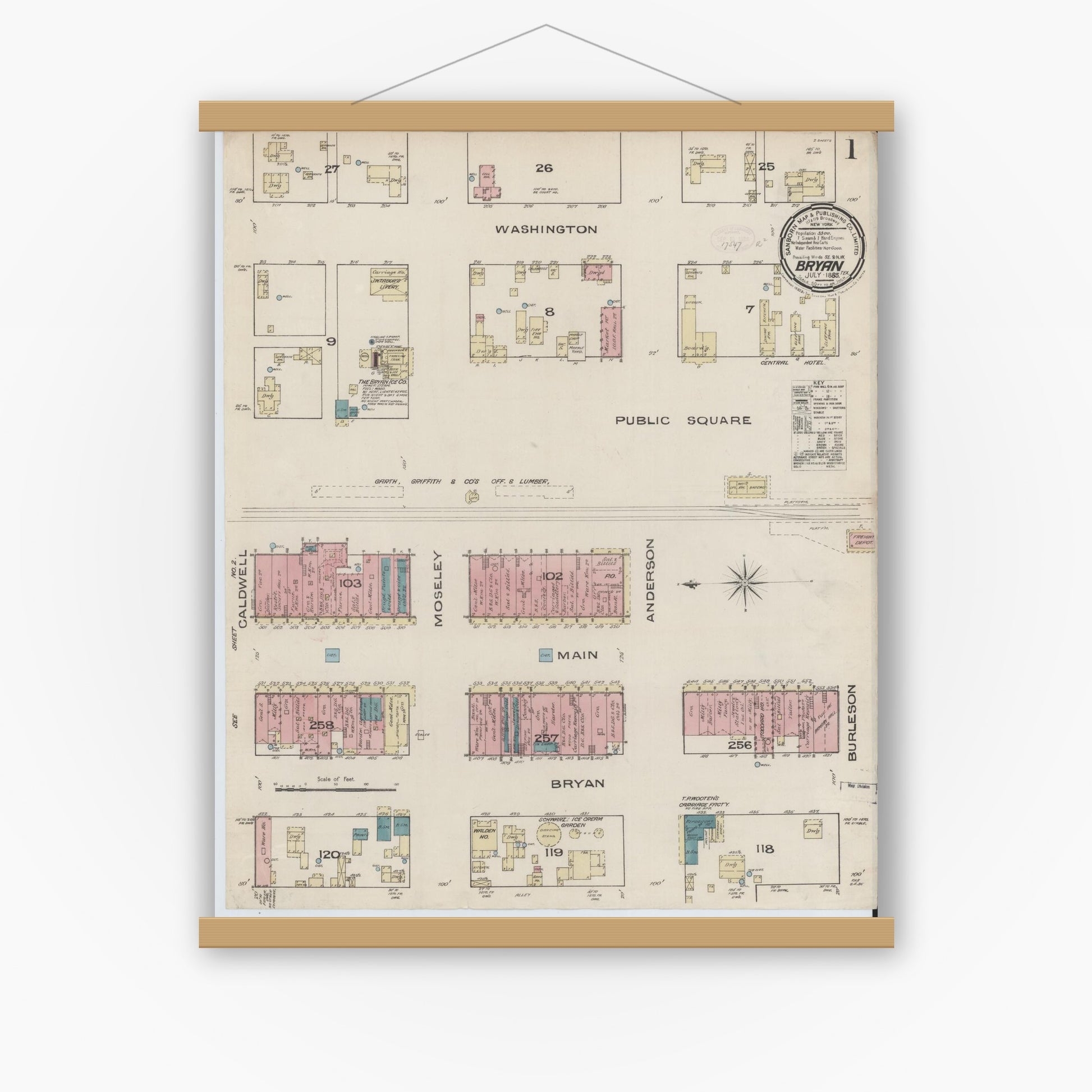 Old map wall art mockup — magnetic wood frame on white wall — Sanborn Fire Insurance Map from Bryan, Brazos County, Texas (1885), Sheet #0001
