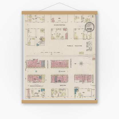 Old map wall art mockup — magnetic wood frame on white wall — Sanborn Fire Insurance Map from Bryan, Brazos County, Texas (1885), Sheet #0001