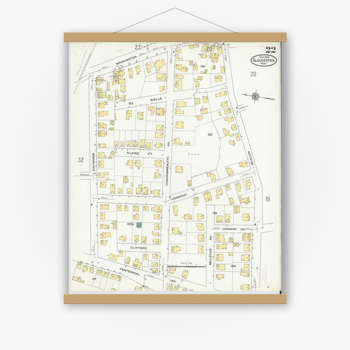 Old map wall art mockup — magnetic wood frame on white wall — Sanborn Fire Insurance Map from Gloucester, Essex County, Massachusetts (1909), Sheet #0022