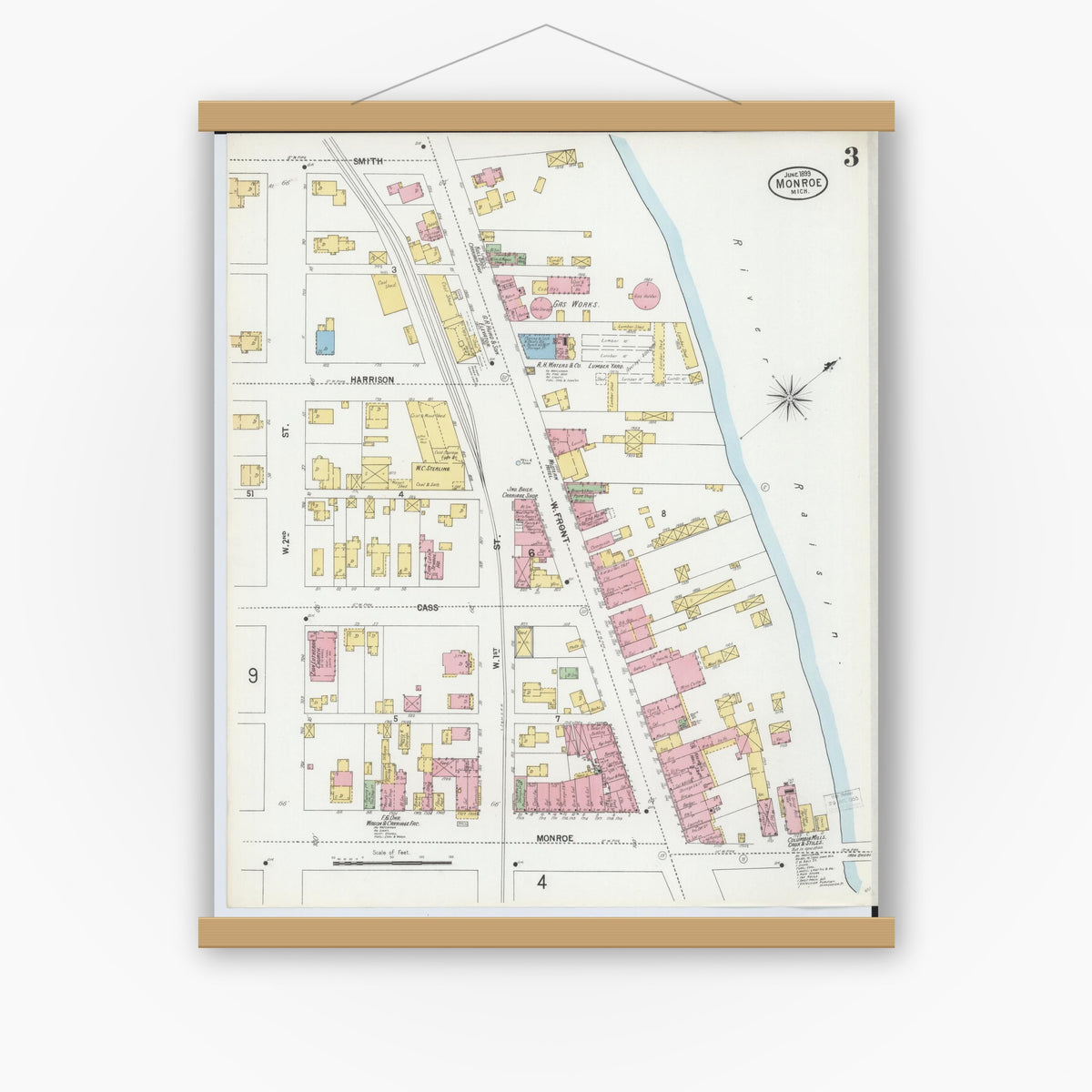 Old map wall art mockup — magnetic wood frame on white wall — Sanborn Fire Insurance Map from Monroe, Monroe County, Michigan (1899), Sheet #0003