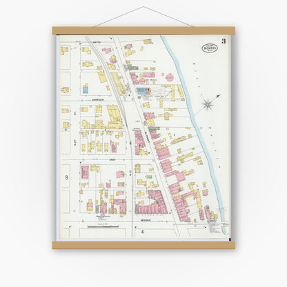 Old map wall art mockup — magnetic wood frame on white wall — Sanborn Fire Insurance Map from Monroe, Monroe County, Michigan (1899), Sheet #0003
