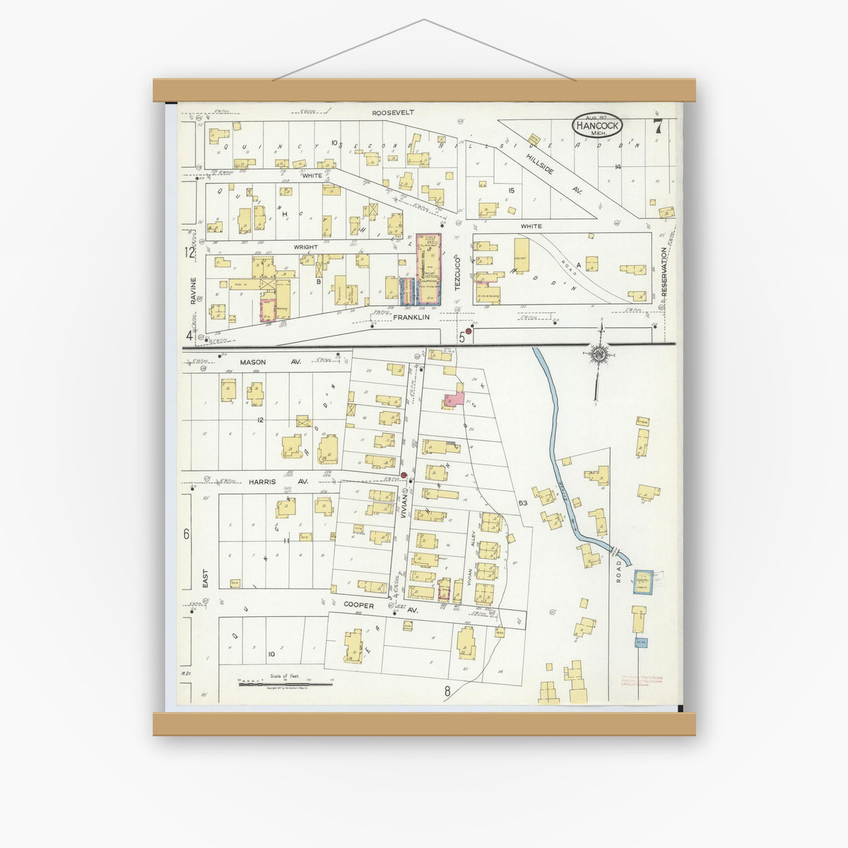 Old map wall art mockup — magnetic wood frame on white wall — Sanborn Fire Insurance Map from Hancock, Houghton County, Michigan (1917), Sheet #0007