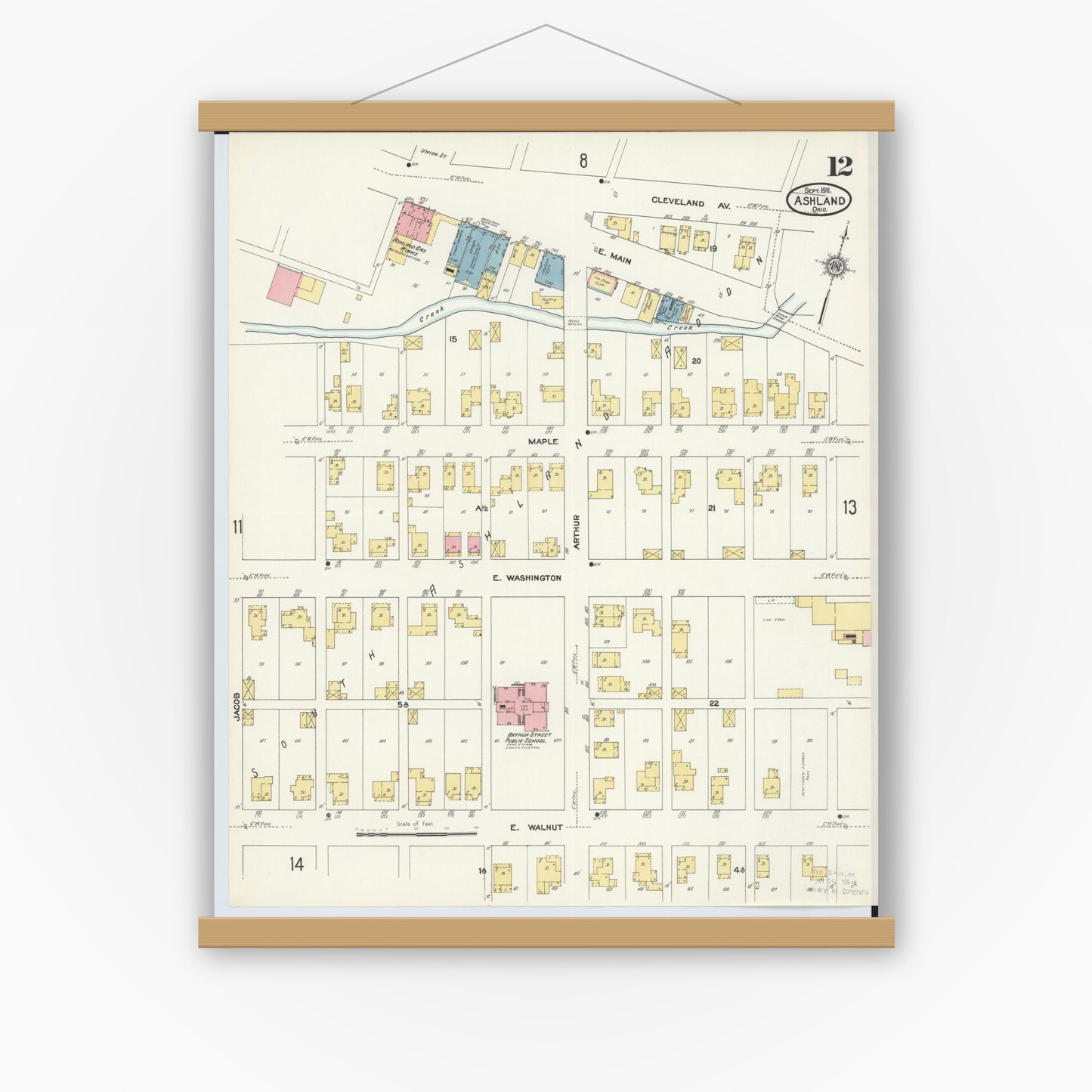 Old map wall art mockup — magnetic wood frame on white wall — Sanborn Fire Insurance Map from Ashland, Ashland County, Ohio (1911), Sheet #0012