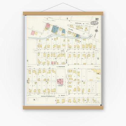 Old map wall art mockup — magnetic wood frame on white wall — Sanborn Fire Insurance Map from Ashland, Ashland County, Ohio (1911), Sheet #0012