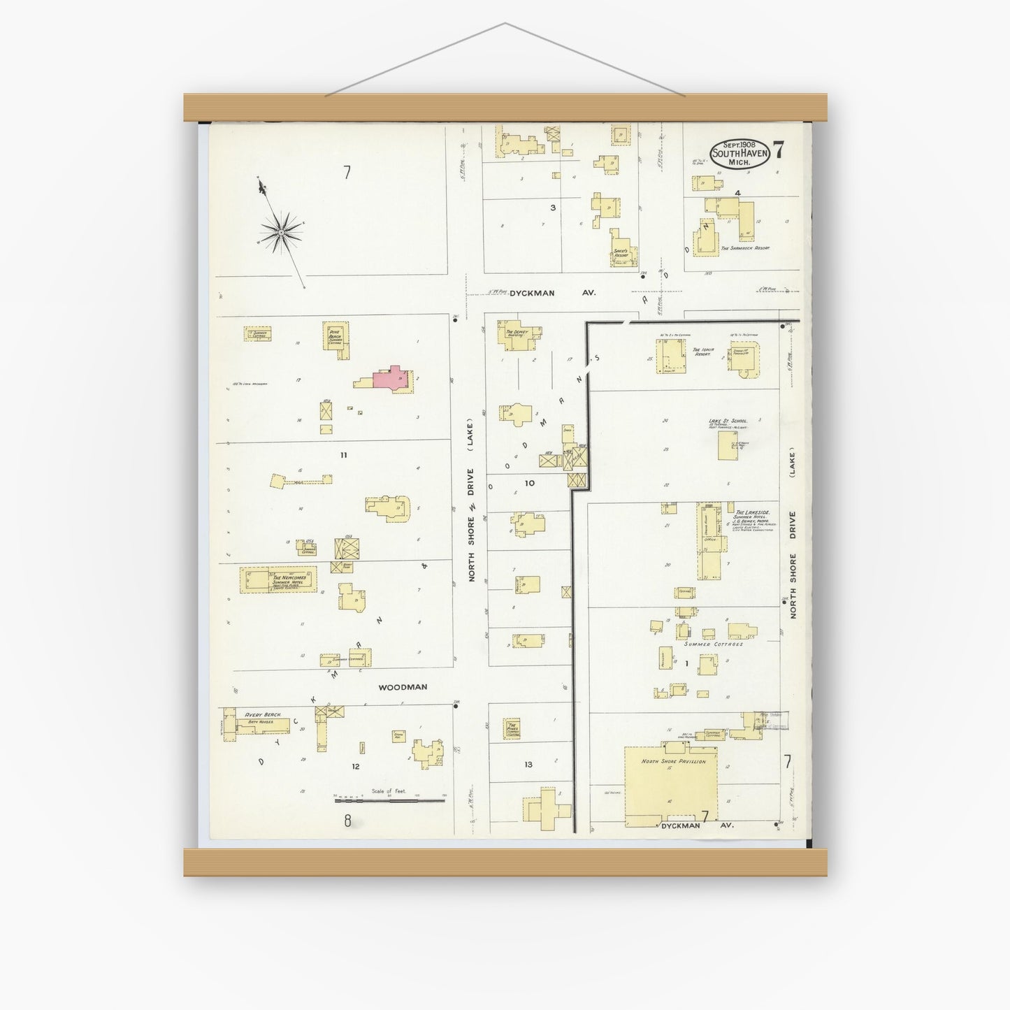 Old map wall art mockup — magnetic wood frame on white wall — Sanborn Fire Insurance Map from South Haven, Van Buren County, Michigan (1908), Sheet #0007