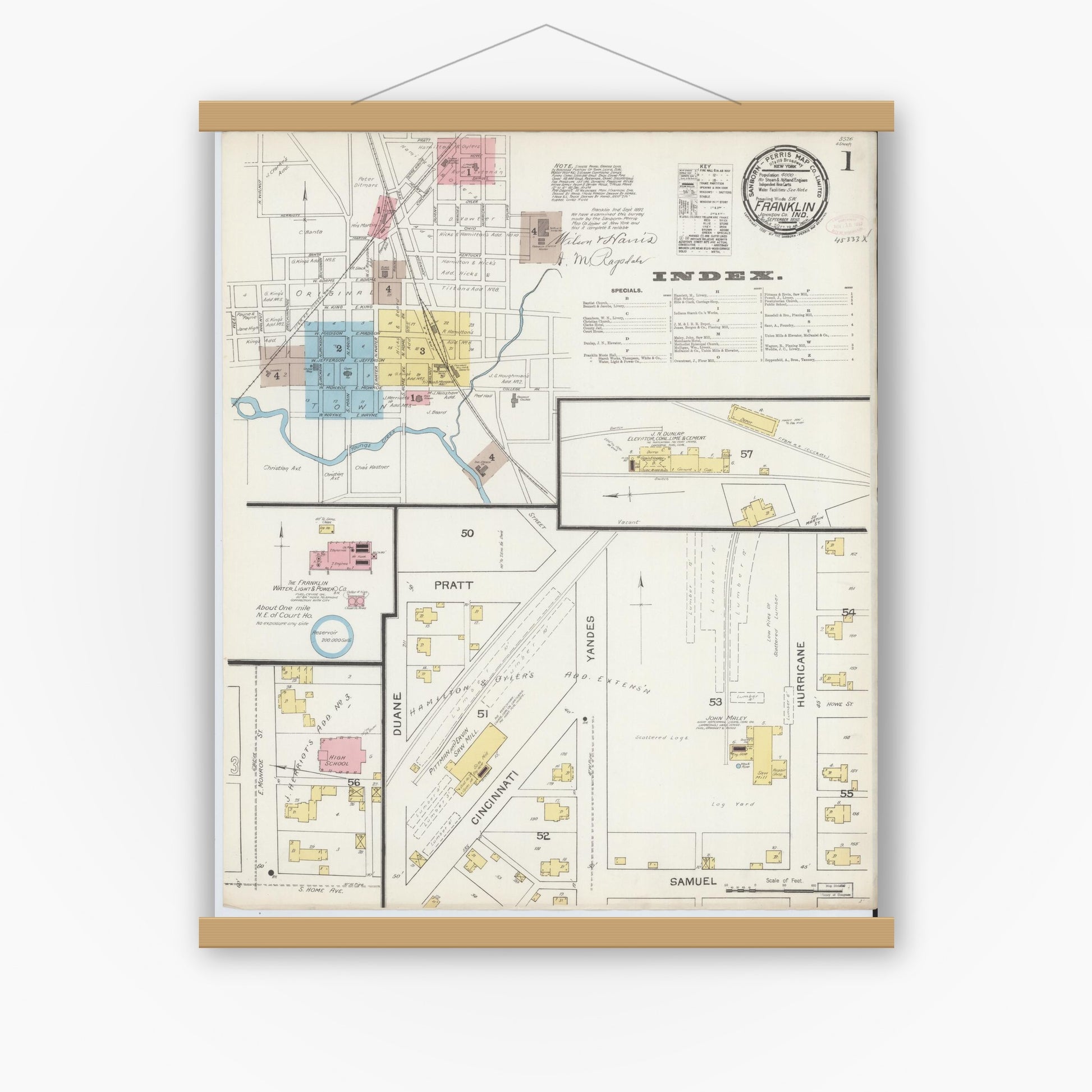 Old map wall art mockup — magnetic wood frame on white wall — Sanborn Fire Insurance Map from Franklin, Johnson County, Indiana (1892) - Complete Map Set