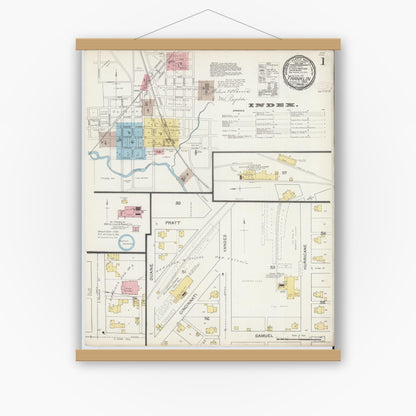 Old map wall art mockup — magnetic wood frame on white wall — Sanborn Fire Insurance Map from Franklin, Johnson County, Indiana (1892) - Complete Map Set