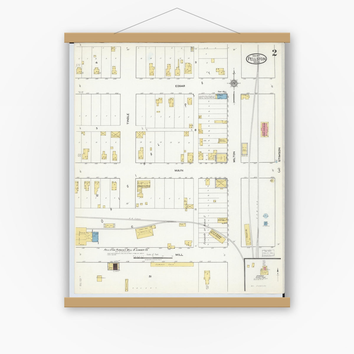 Old map wall art mockup — magnetic wood frame on white wall — Sanborn Fire Insurance Map from Pellston, Emmet County, Michigan (1917), Sheet #0002