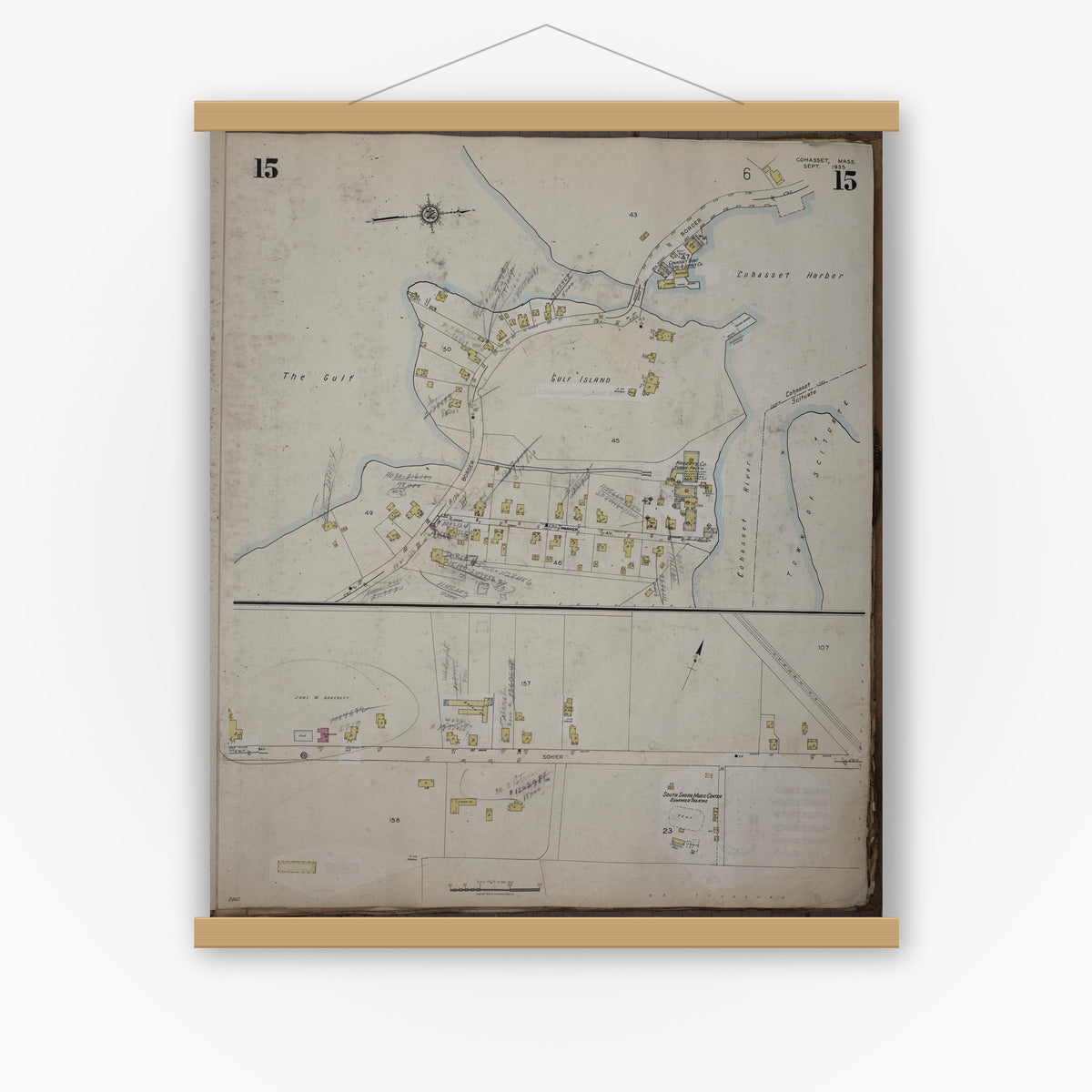 Old map wall art mockup — magnetic wood frame on white wall — Sanborn Fire Insurance Map from Cohasset, Norfolk County, Massachusetts (1952), Sheet #0015