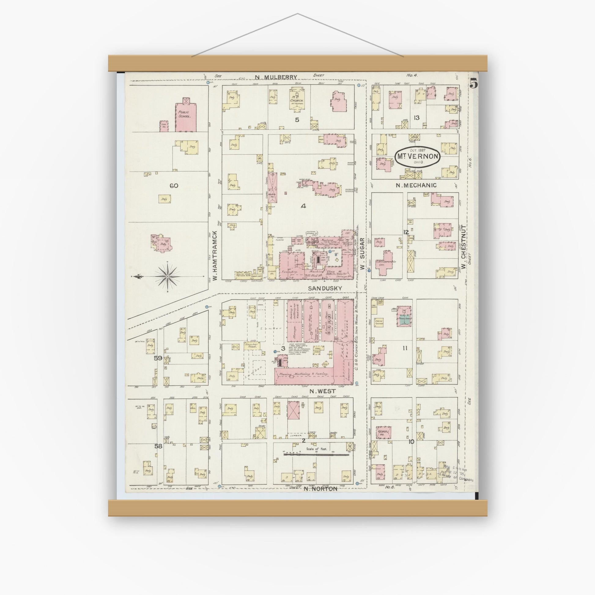 Old map wall art mockup — magnetic wood frame on white wall — Sanborn Fire Insurance Map from Mount Vernon, Knox County, Ohio (1887), Sheet #0005