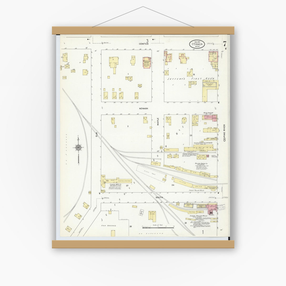 Old map wall art mockup — magnetic wood frame on white wall — Sanborn Fire Insurance Map from Ithaca, Gratiot County, Michigan (1911), Sheet #0007