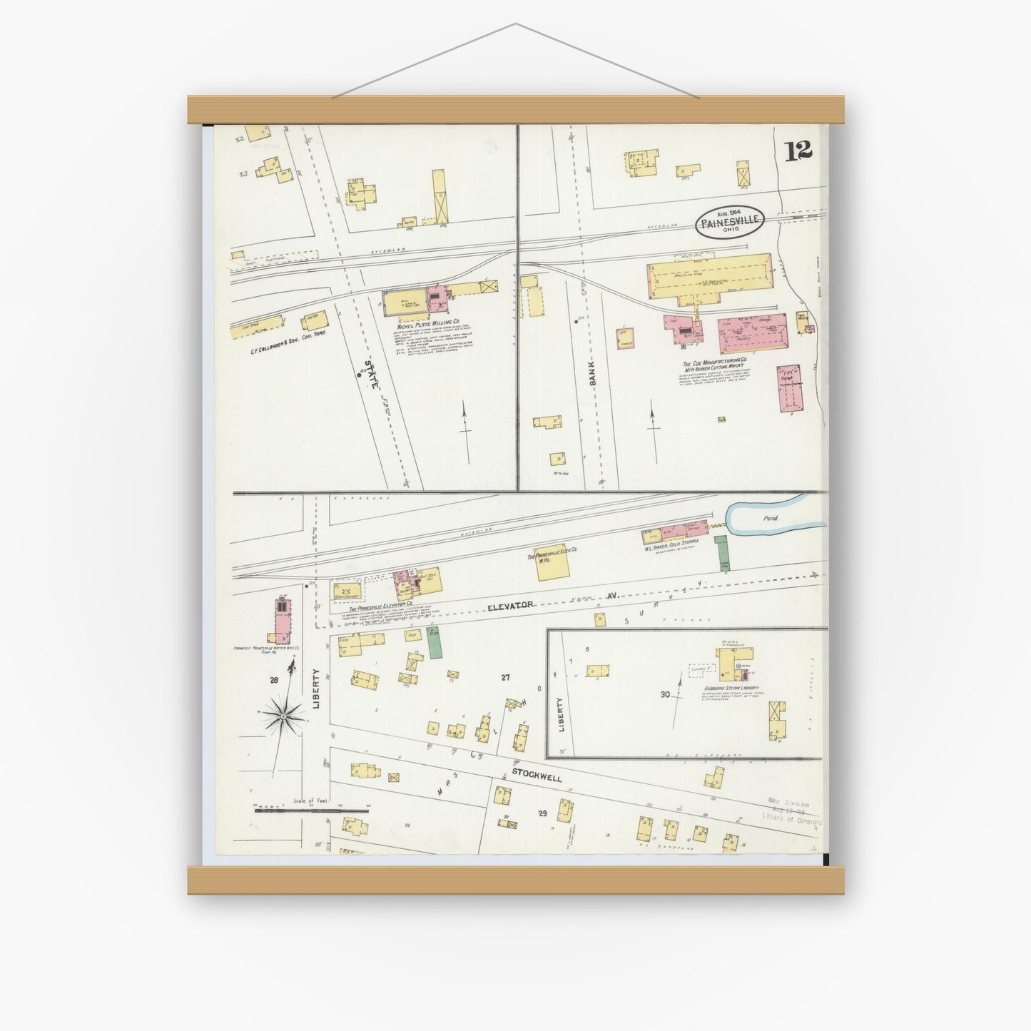 Old map wall art mockup — magnetic wood frame on white wall — Sanborn Fire Insurance Map from Painesville, Lake County, Ohio (1904), Sheet #0012