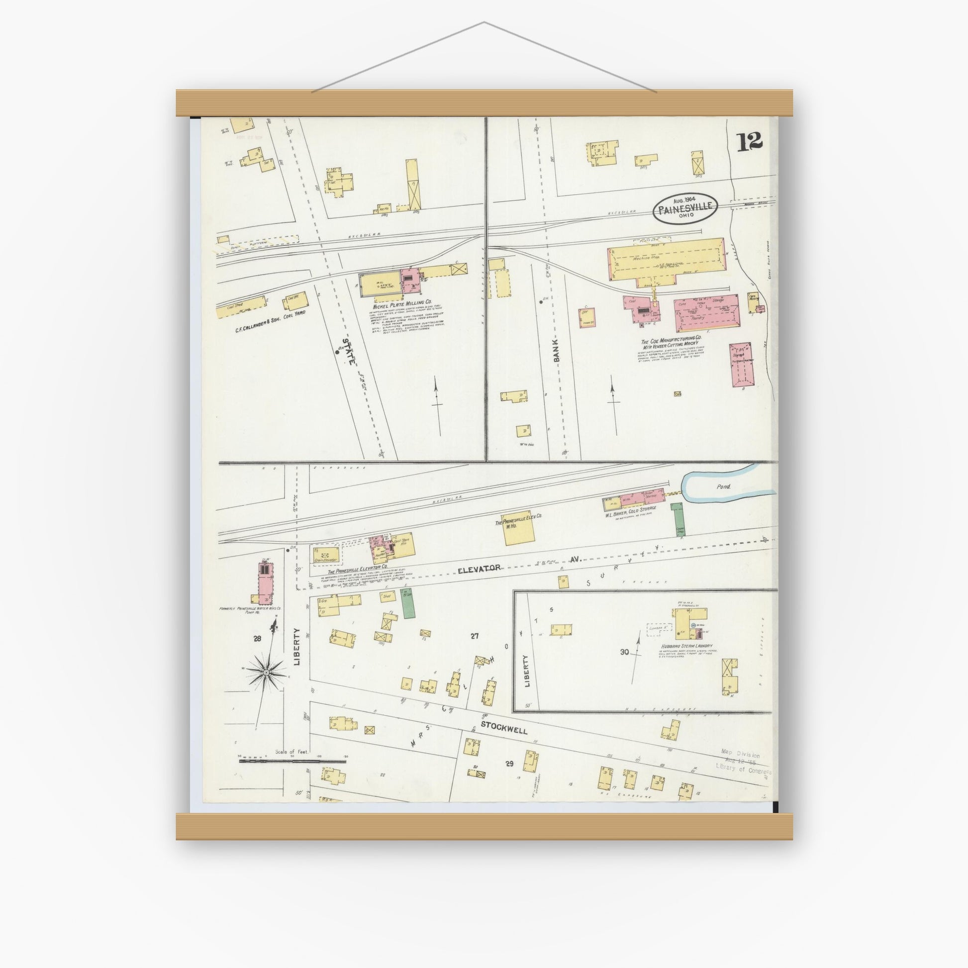 Old map wall art mockup — magnetic wood frame on white wall — Sanborn Fire Insurance Map from Painesville, Lake County, Ohio (1904), Sheet #0012