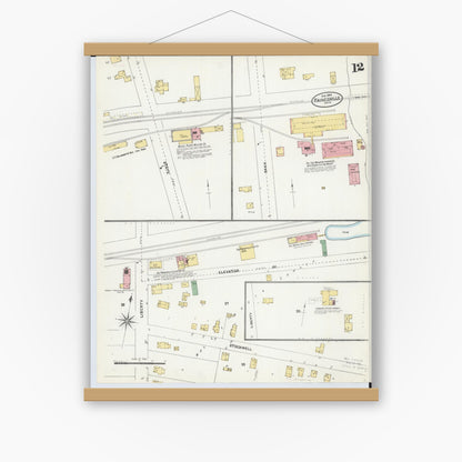 Old map wall art mockup — magnetic wood frame on white wall — Sanborn Fire Insurance Map from Painesville, Lake County, Ohio (1904), Sheet #0012