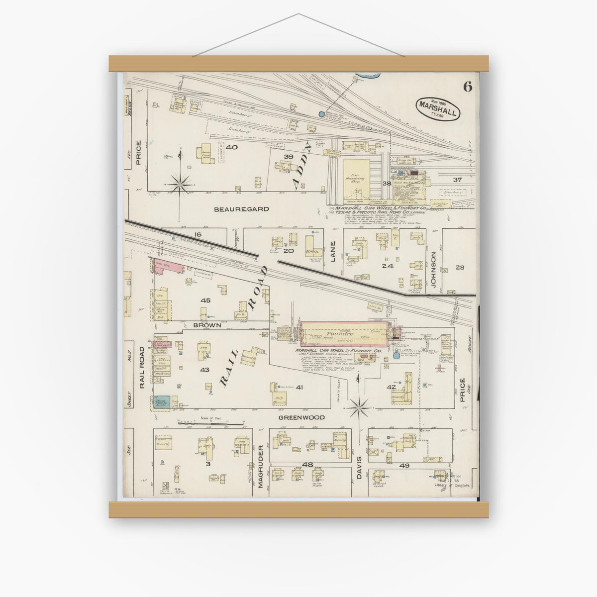 Old map wall art mockup — magnetic wood frame on white wall — Sanborn Fire Insurance Map from Marshall, Harrison County, Texas (1885), Sheet #0006