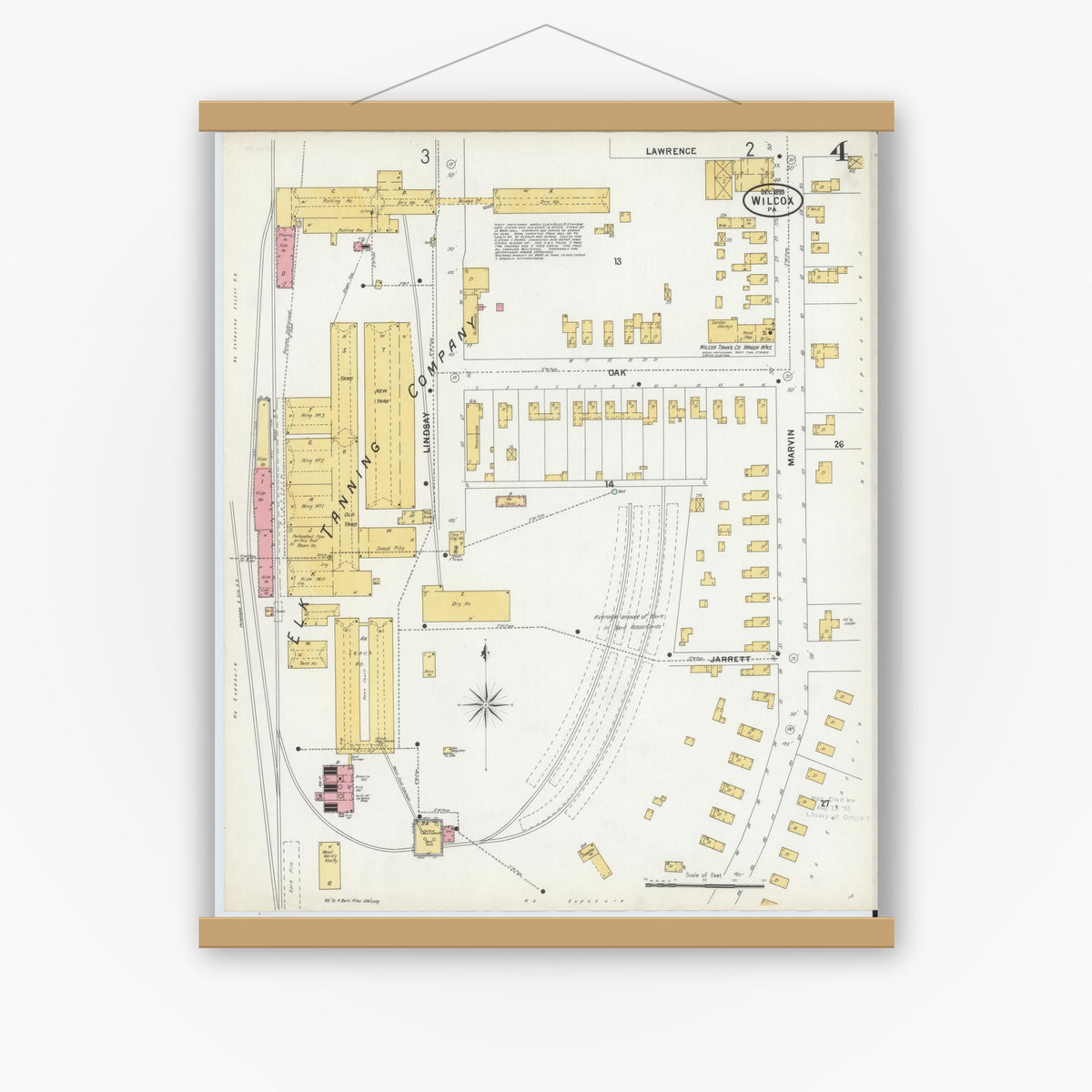 Old map wall art mockup — magnetic wood frame on white wall — Sanborn Fire Insurance Map from Wilcox, Elk County, Pennsylvania (1900), Sheet #0004