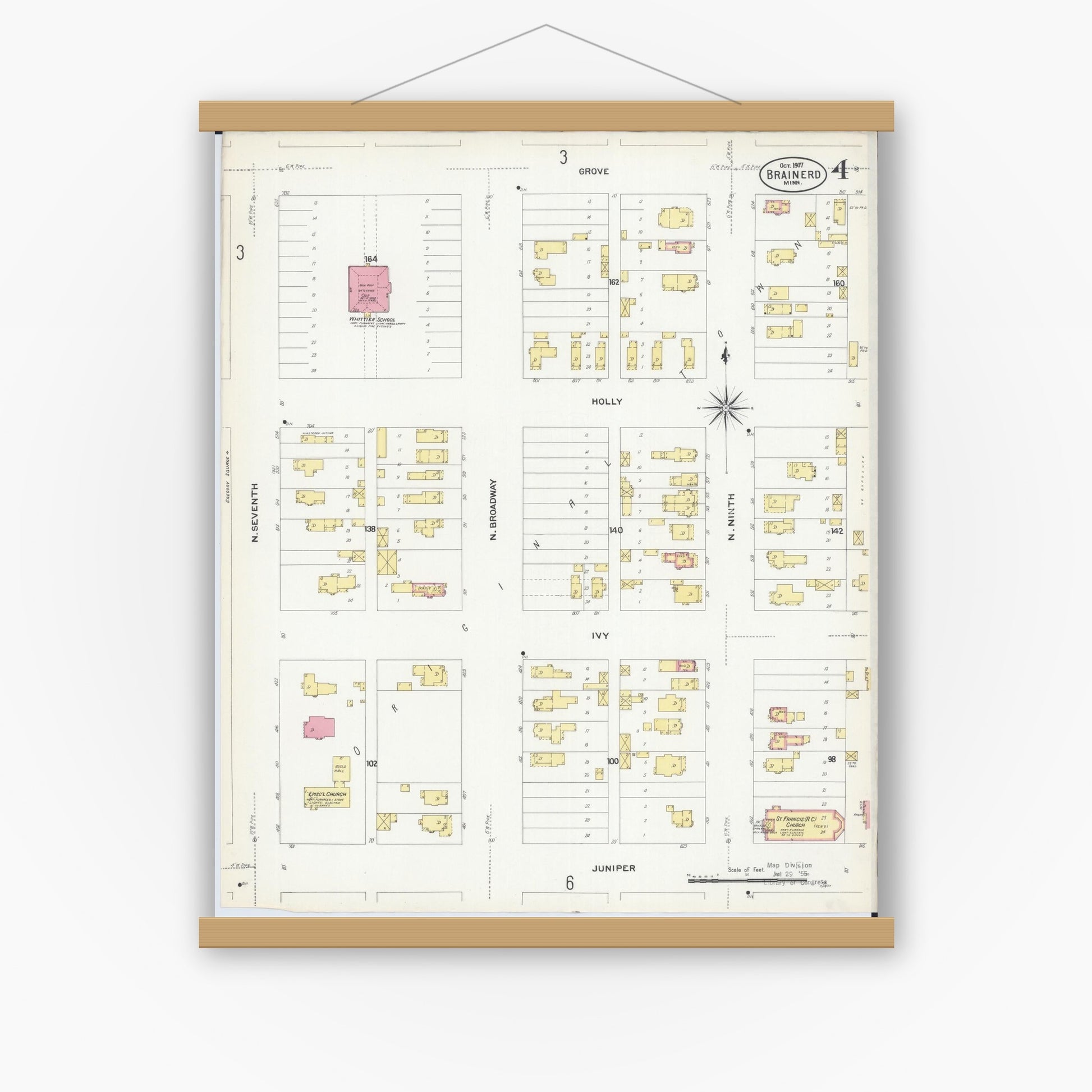 Old map wall art mockup — magnetic wood frame on white wall — Sanborn Fire Insurance Map from Brainerd, Crow Wing County, Minnesota (1907), Sheet #0004