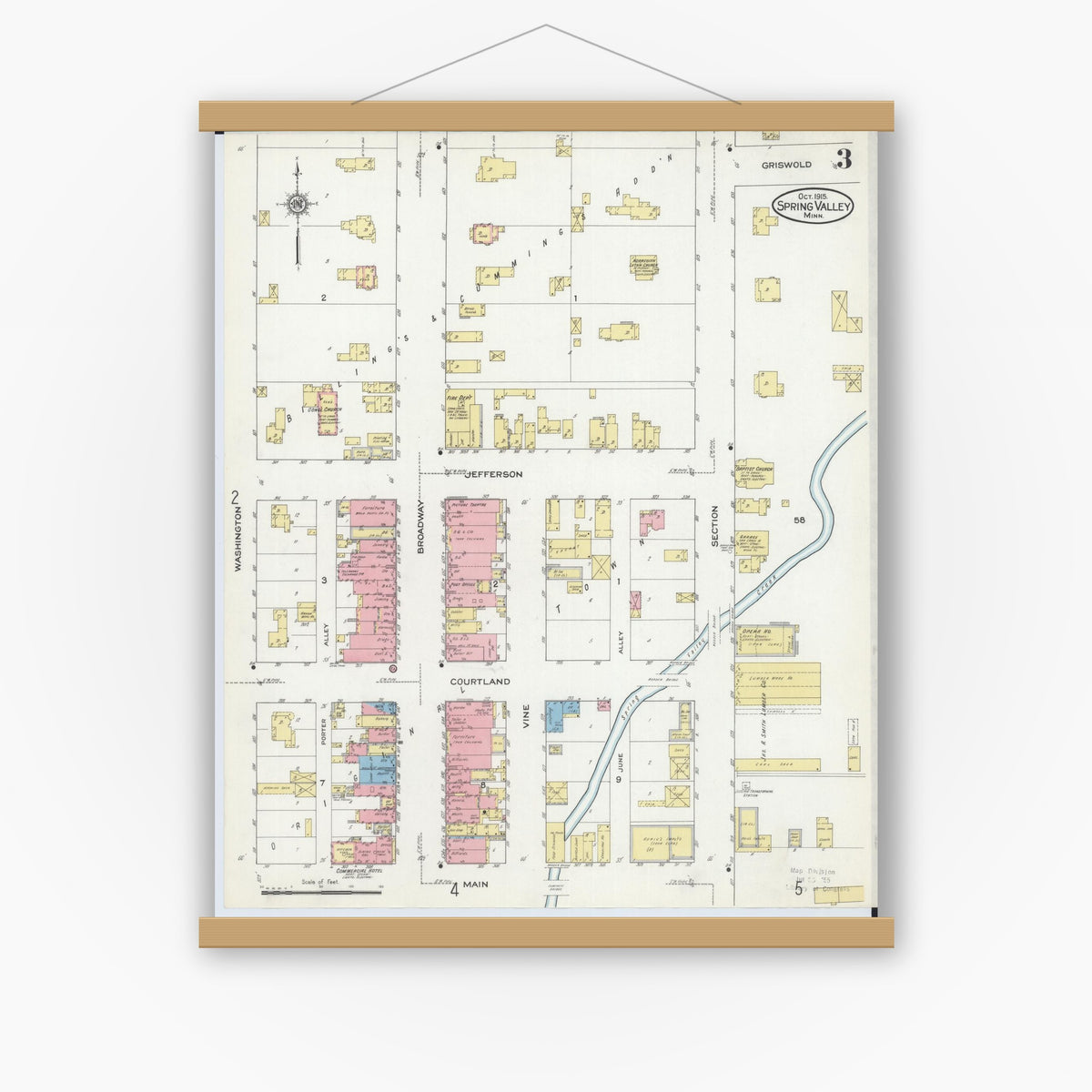 Old map wall art mockup — magnetic wood frame on white wall — Sanborn Fire Insurance Map from Spring Valley, Fillmore County, Minnesota (1915), Sheet #0003