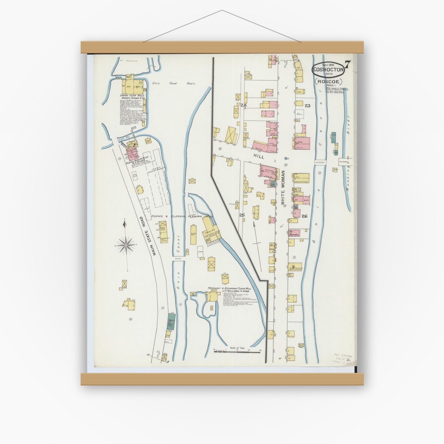 Old map wall art mockup — magnetic wood frame on white wall — Sanborn Fire Insurance Map from Coshocton, Coshocton County, Ohio (1893), Sheet #0007