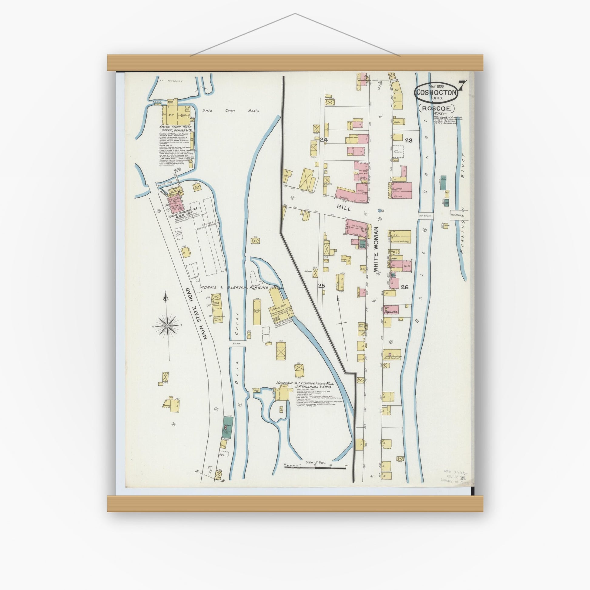Old map wall art mockup — magnetic wood frame on white wall — Sanborn Fire Insurance Map from Coshocton, Coshocton County, Ohio (1893), Sheet #0007