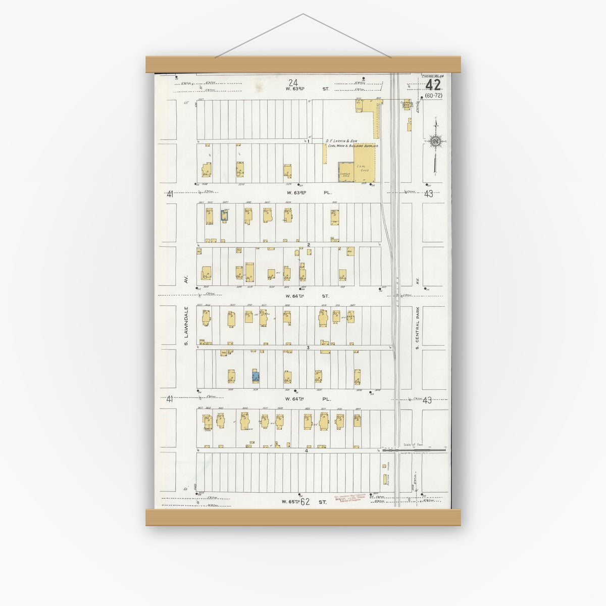 Old map wall art mockup — magnetic wood frame on white wall — Sanborn Fire Insurance Map from Chicago, Cook County, Illinois (1920), Sheet #0042