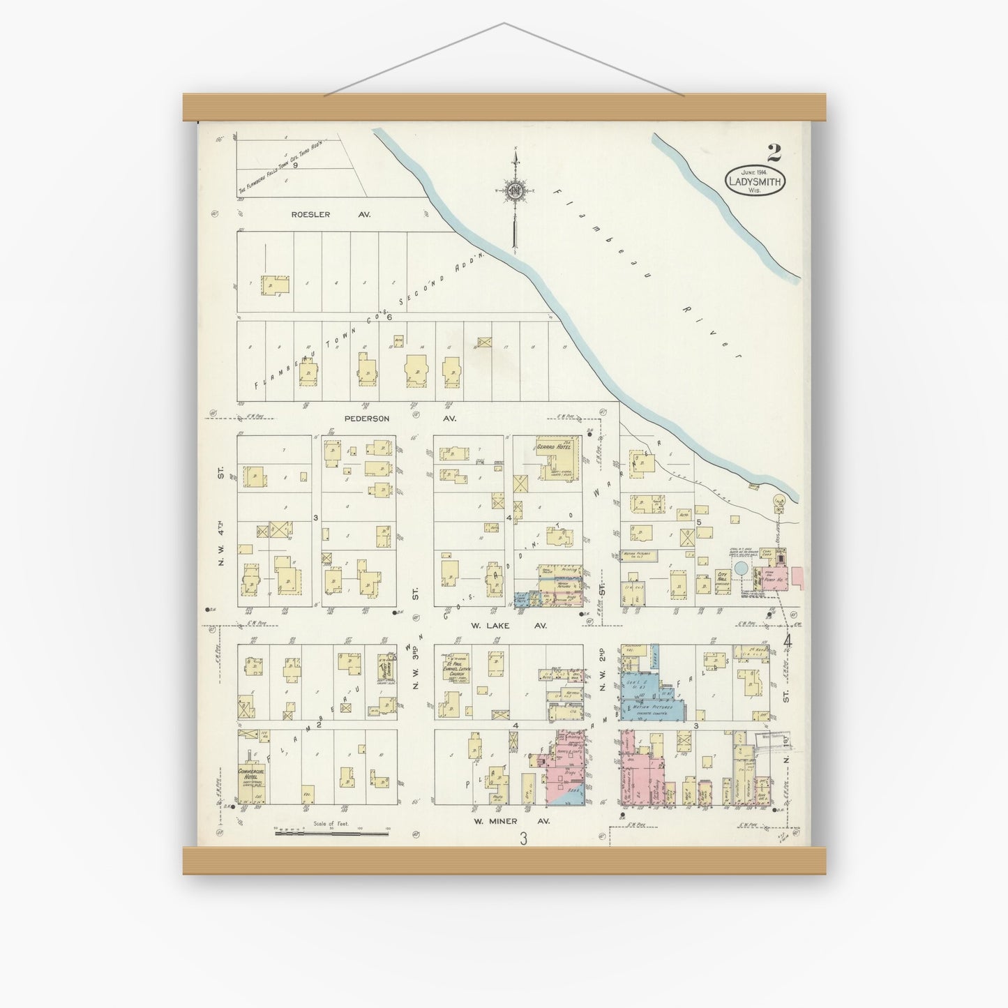 Old map wall art mockup — magnetic wood frame on white wall — Sanborn Fire Insurance Map from Ladysmith, Rusk County, Wisconsin (1914), Sheet #0002