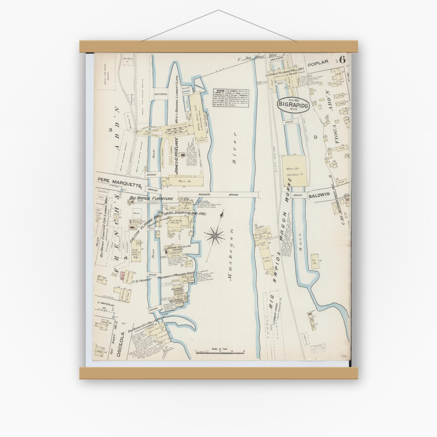 Old map wall art mockup — magnetic wood frame on white wall — Sanborn Fire Insurance Map from Big Rapids, Mecosta County, Michigan (1884), Sheet #0006