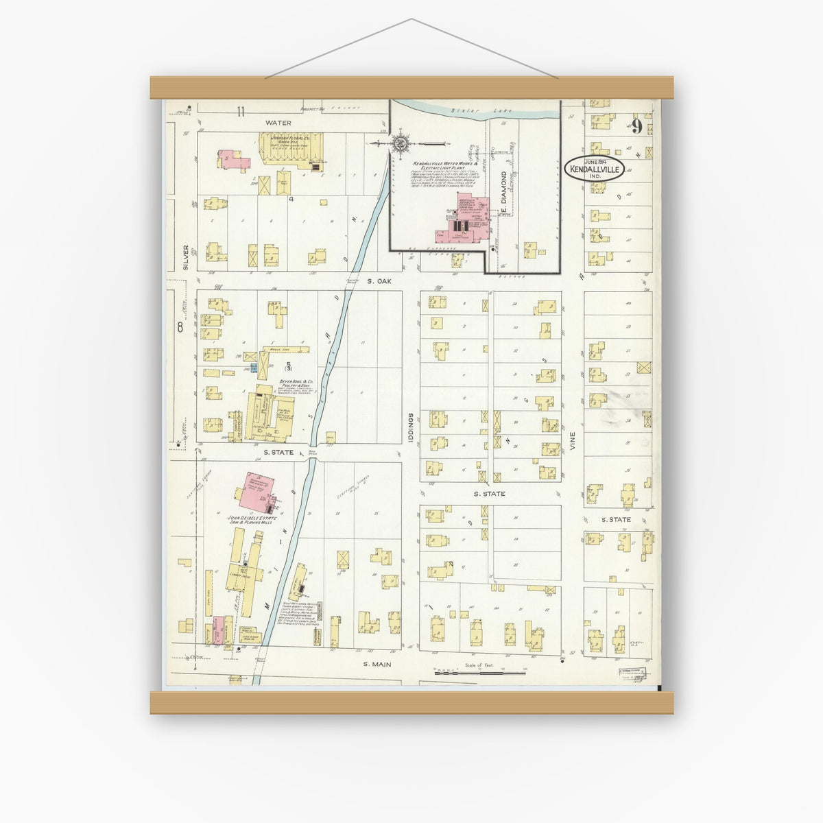 Old map wall art mockup — magnetic wood frame on white wall — Sanborn Fire Insurance Map from Kendallville, Noble County, Indiana (1914), Sheet #0009