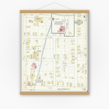 Old map wall art mockup — magnetic wood frame on white wall — Sanborn Fire Insurance Map from Kendallville, Noble County, Indiana (1914), Sheet #0009