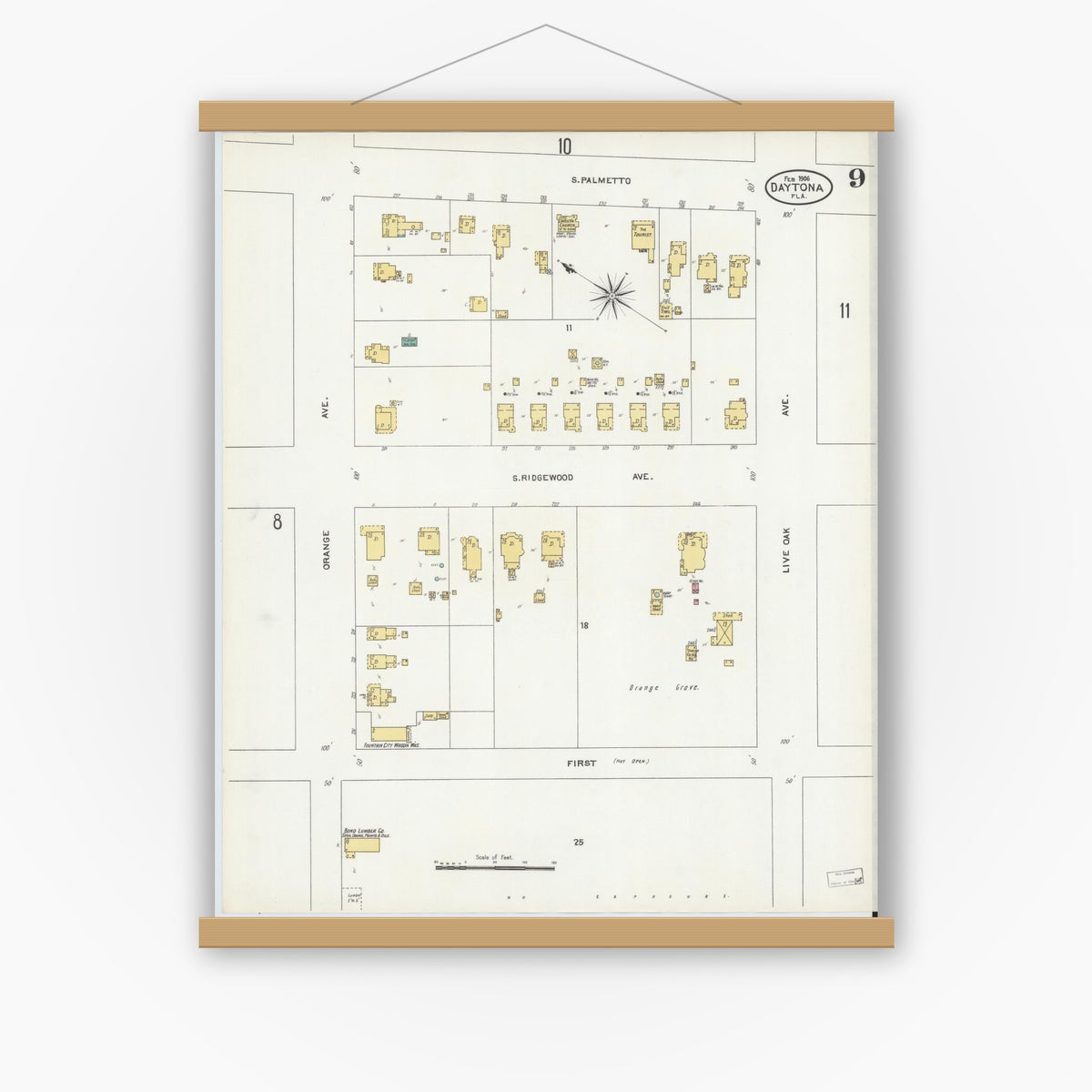 Old map wall art mockup — magnetic wood frame on white wall — Sanborn Fire Insurance Map from Daytona, Volusia County, Florida (1906), Sheet #0009