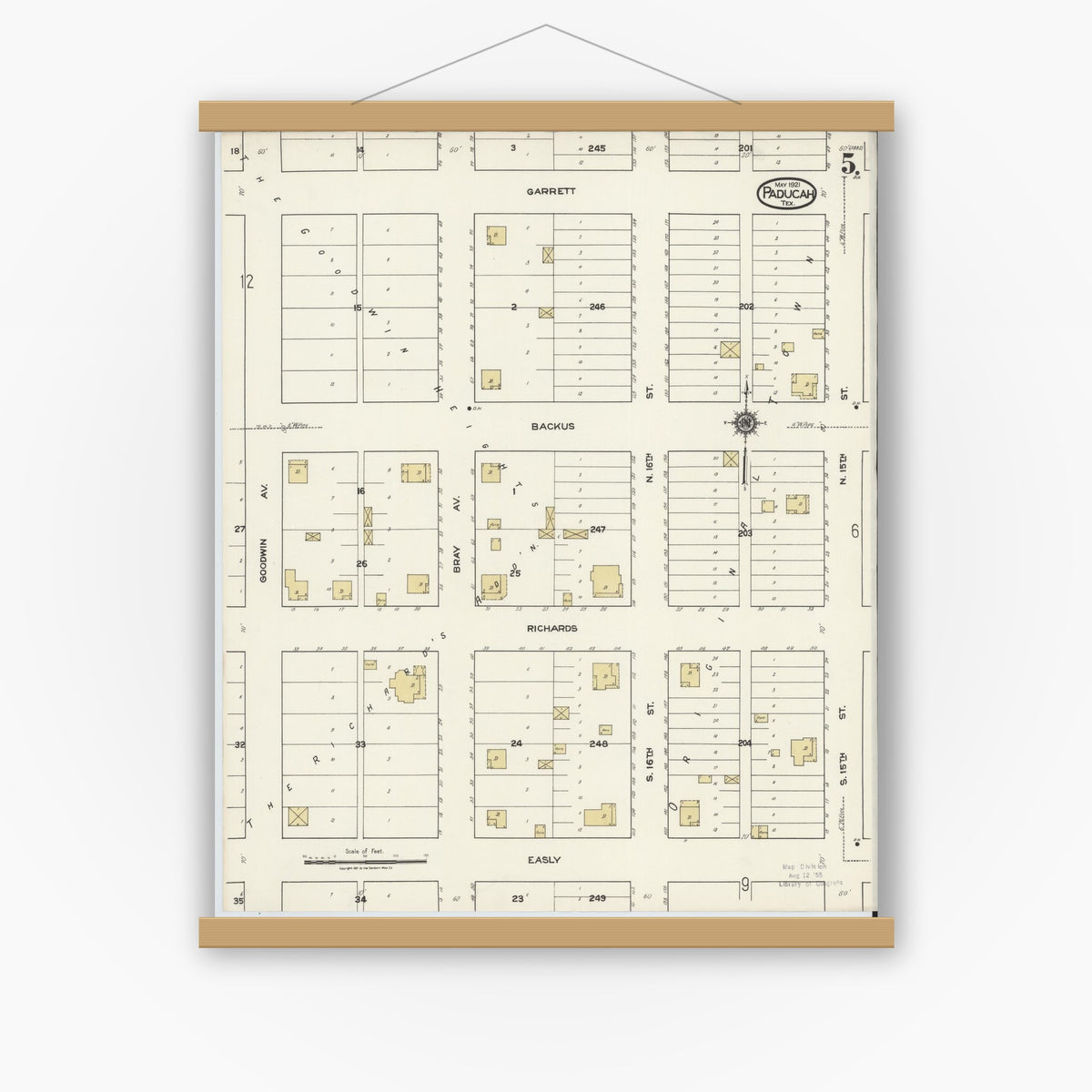 Old map wall art mockup — magnetic wood frame on white wall — Sanborn Fire Insurance Map from Paducah, Cottle County, Texas (1921), Sheet #0005