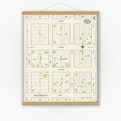 Old map wall art mockup — magnetic wood frame on white wall — Sanborn Fire Insurance Map from Paducah, Cottle County, Texas (1921), Sheet #0005