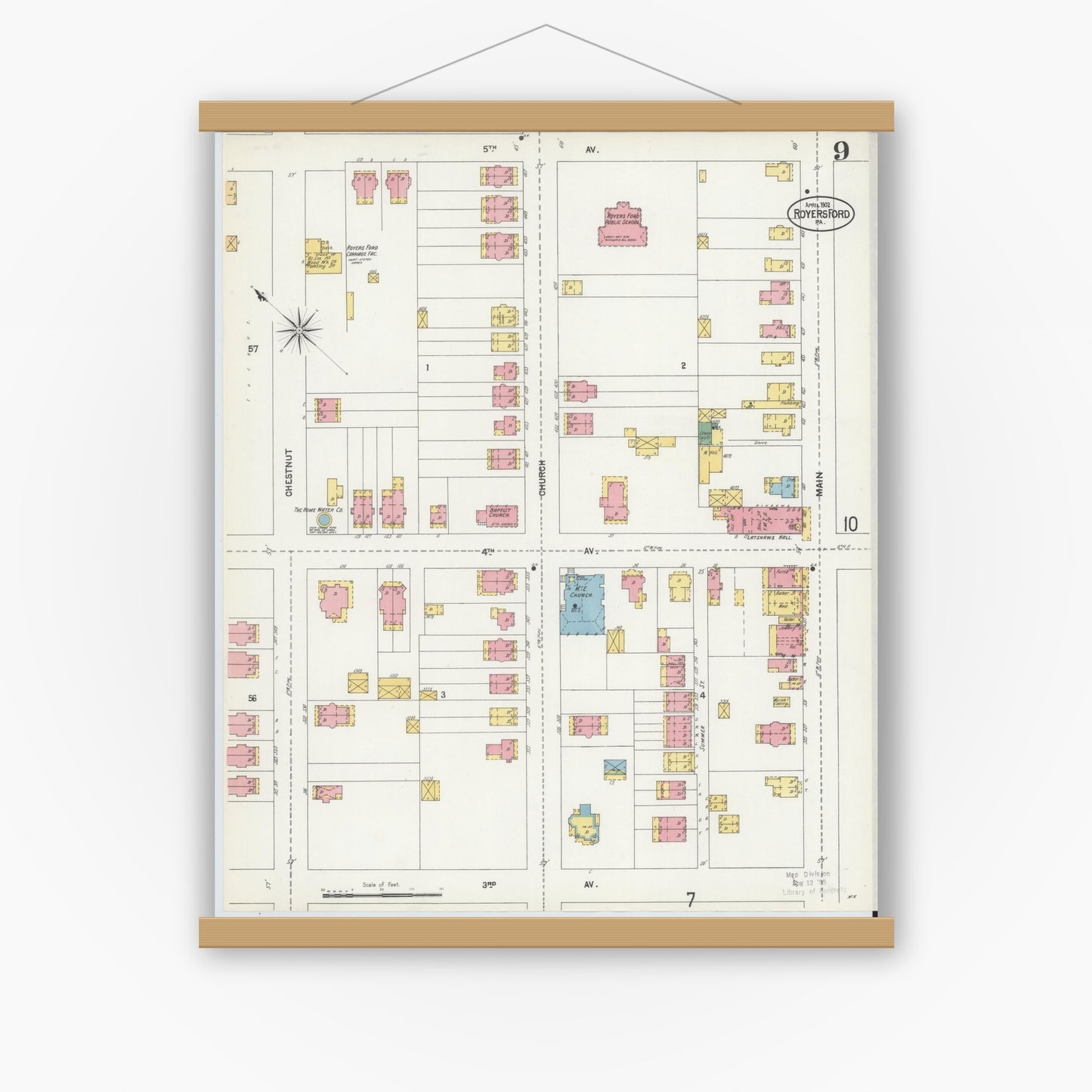 Old map wall art mockup — magnetic wood frame on white wall — Sanborn Fire Insurance Map from Royersford, Montgomery County, Pennsylvania (1902), Sheet #0009